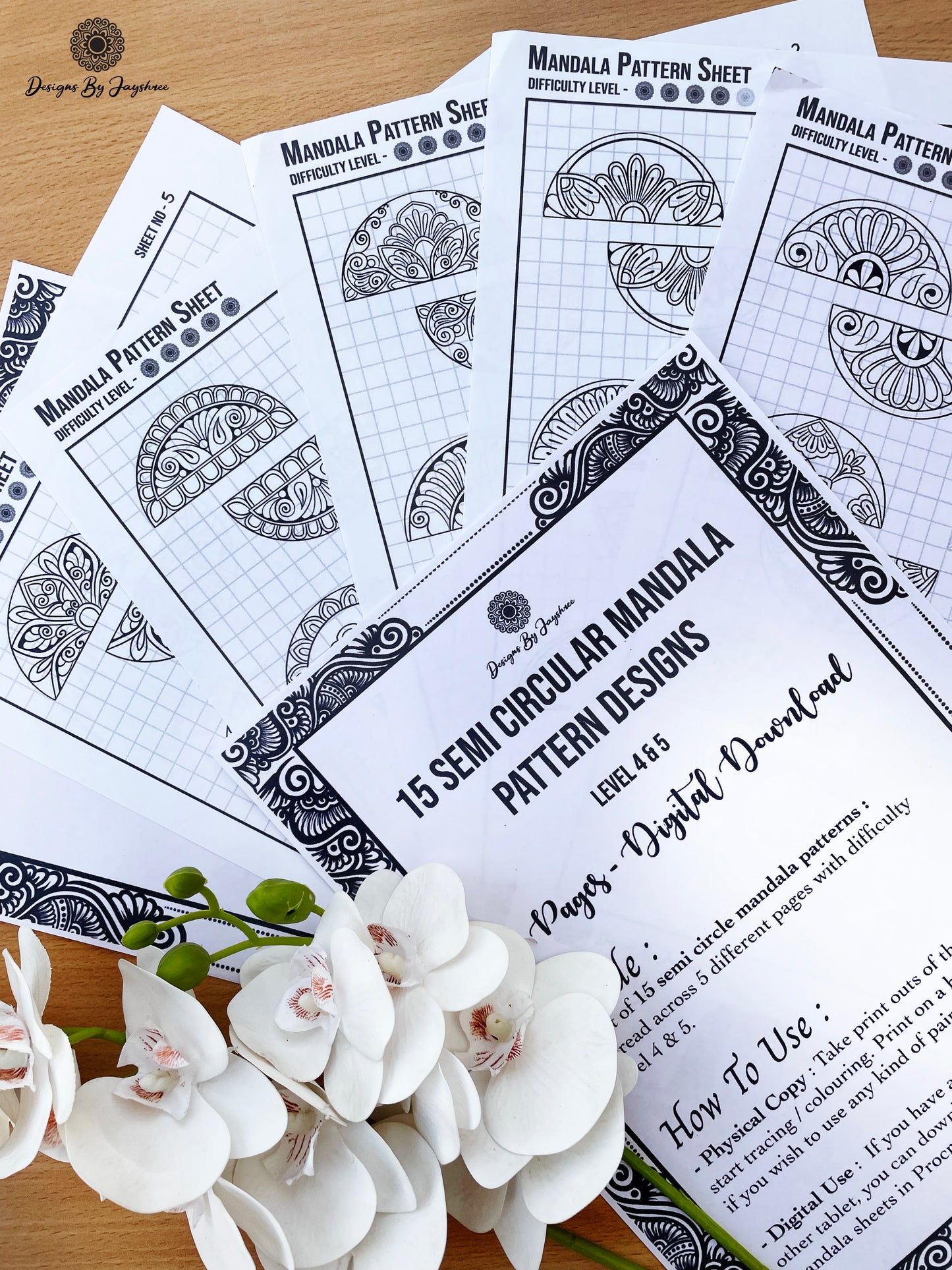 Mandala Pattern Sheets-15 semi circle Designs, Mandala Practice Sheets,Digital Downloads