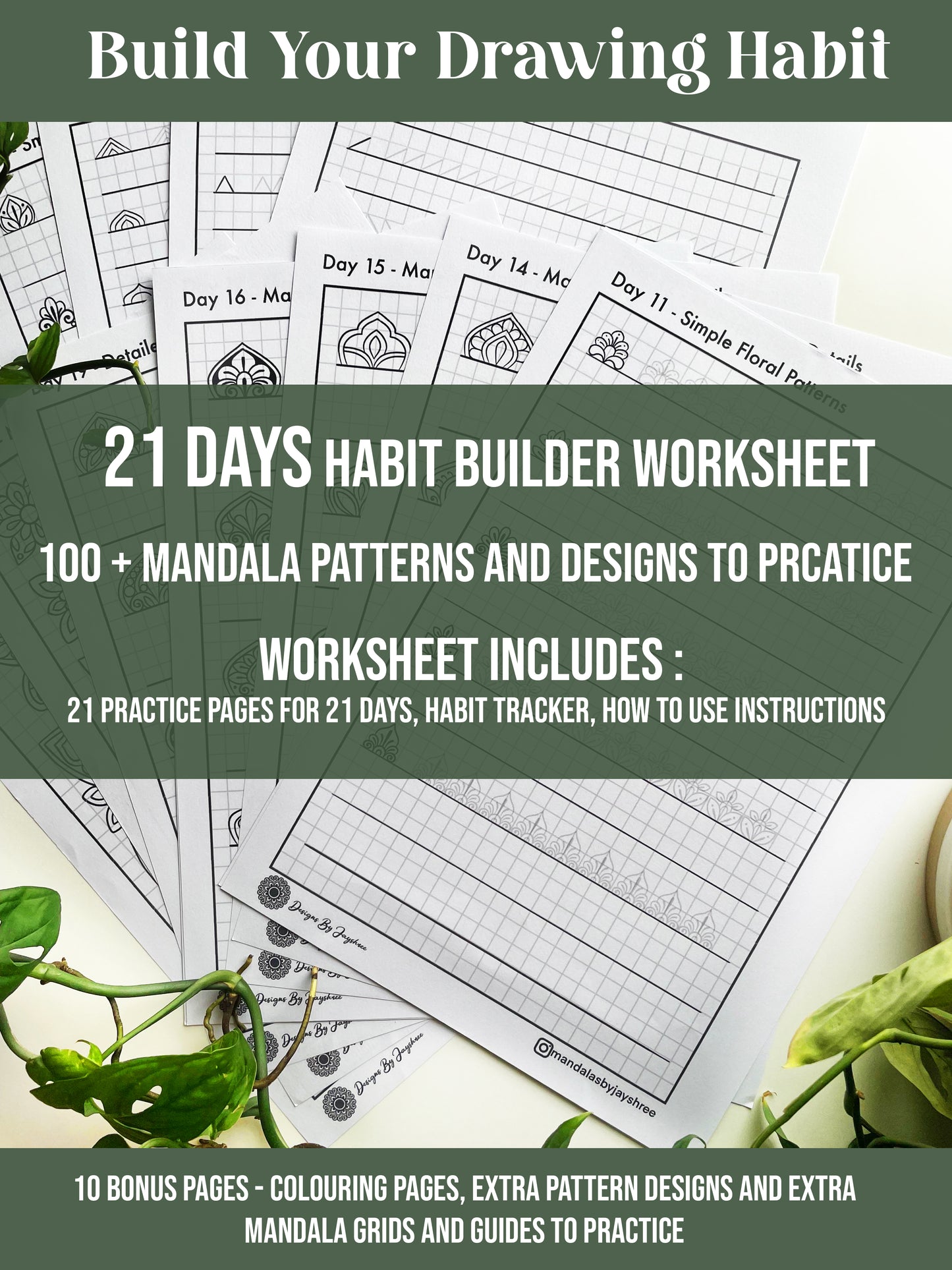 21 Days Habit Builder - Mandala Patterns Drawing Worksheet