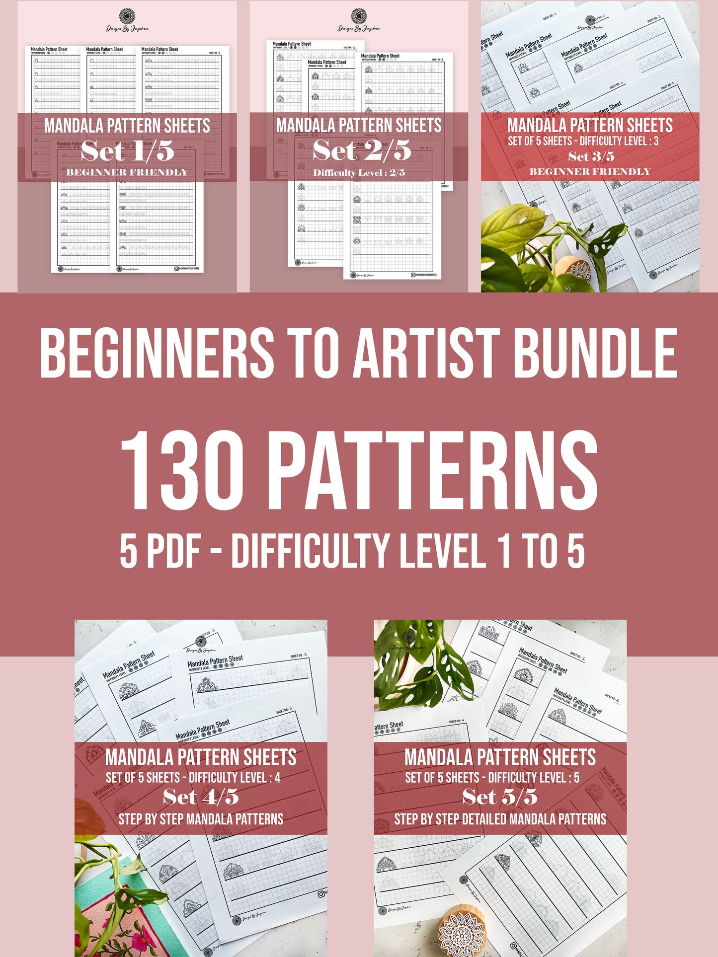 Beginner to Artist Bundle - 5 Pdfs - Difficulty level 1-5, Mandala Practice Sheets, Digital Download, Mandala Digital