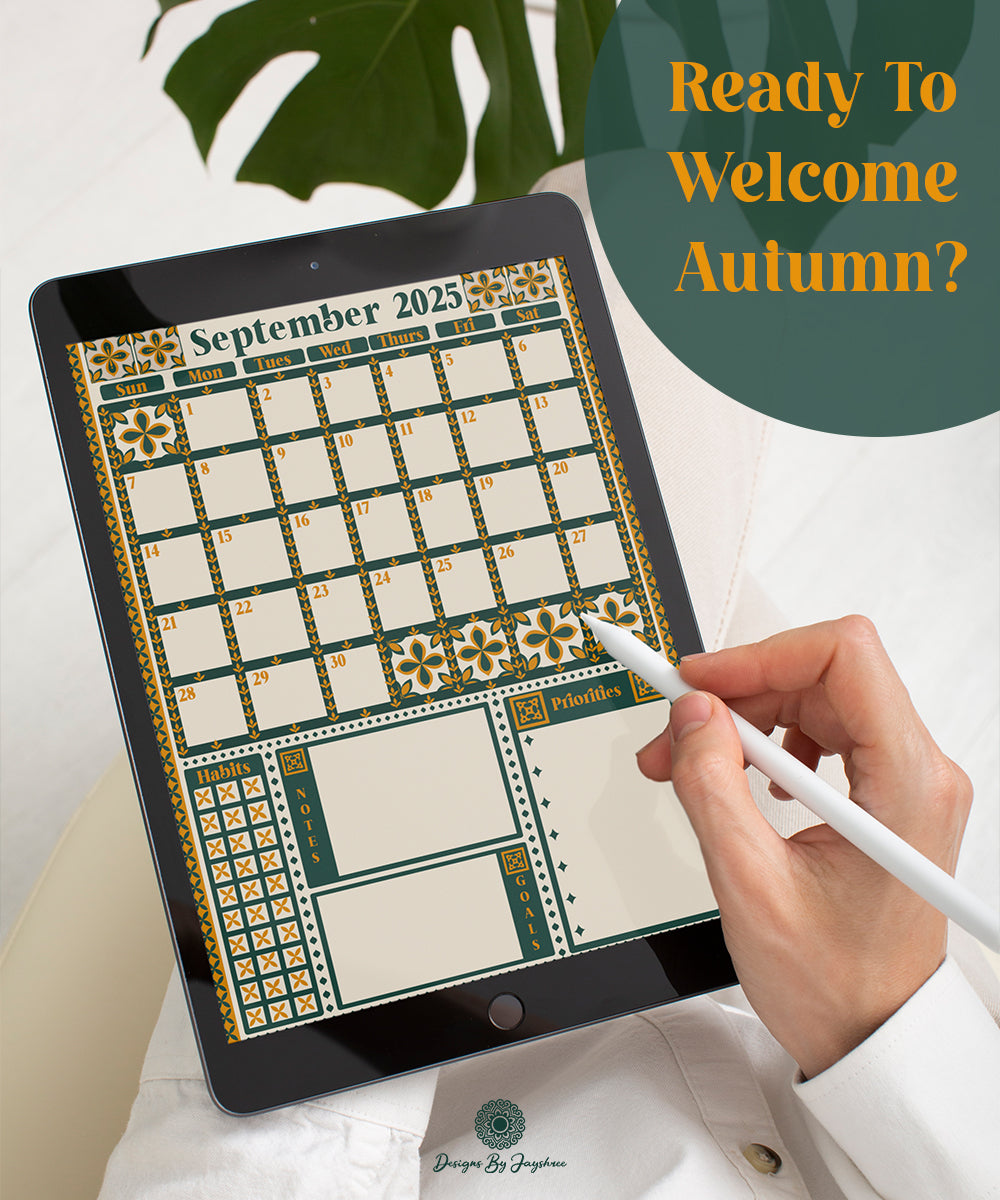 September Theme Monthly Planner – Handmade Indian Motif Printable & Instant Download, Digital Planner