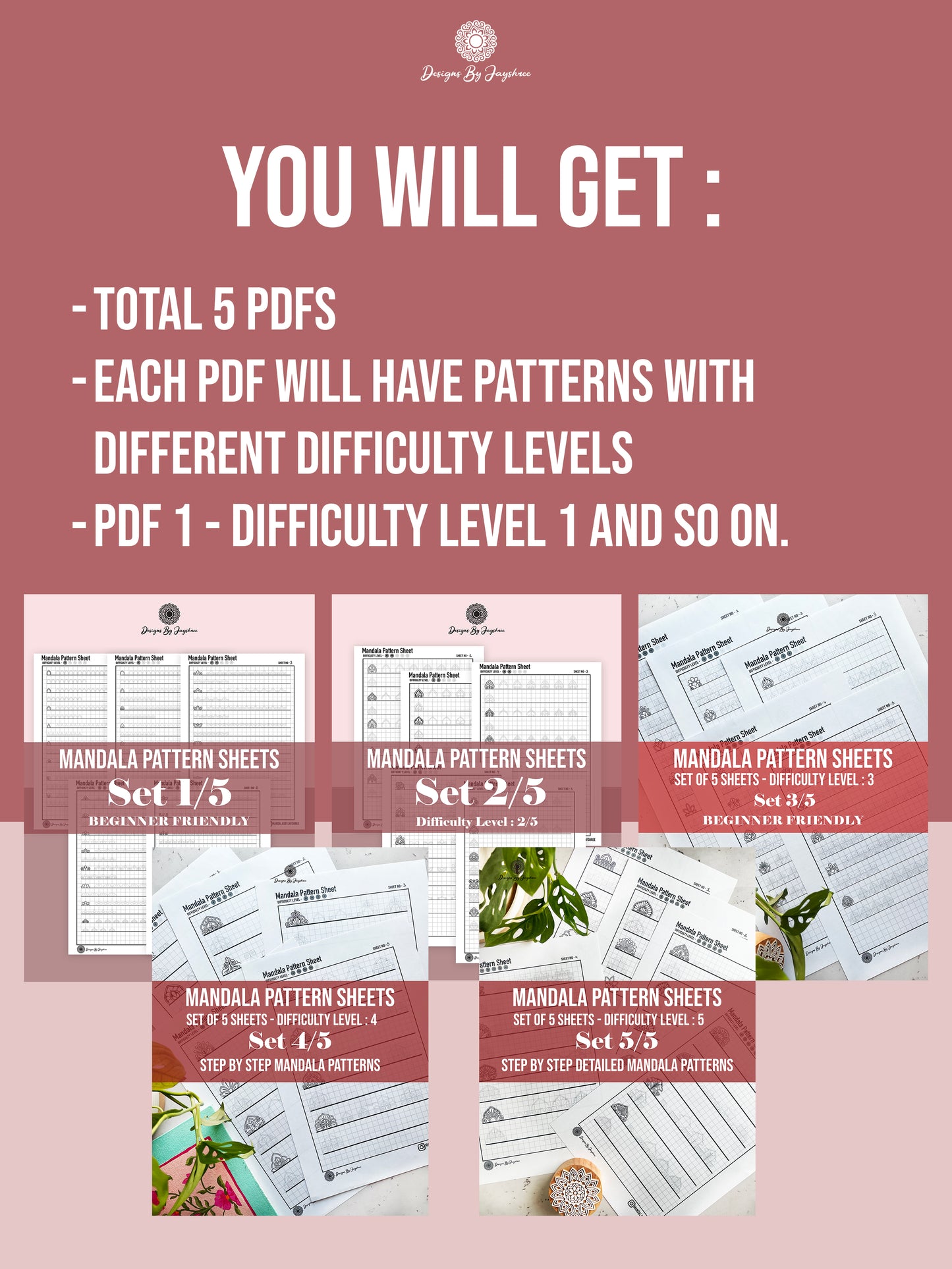 Beginner to Artist Bundle - 5 Pdfs - Difficulty level 1-5, Mandala Practice Sheets, Digital Download, Mandala Digital