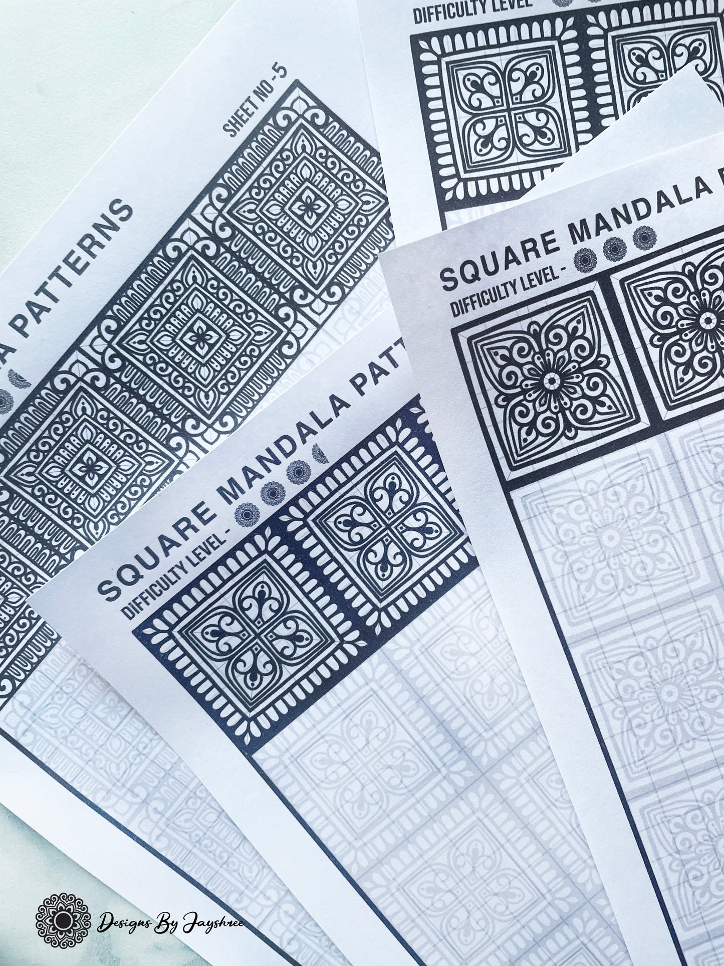 Square Mandala Full Page - Set of 5 - Tracing & Colouring Sheets