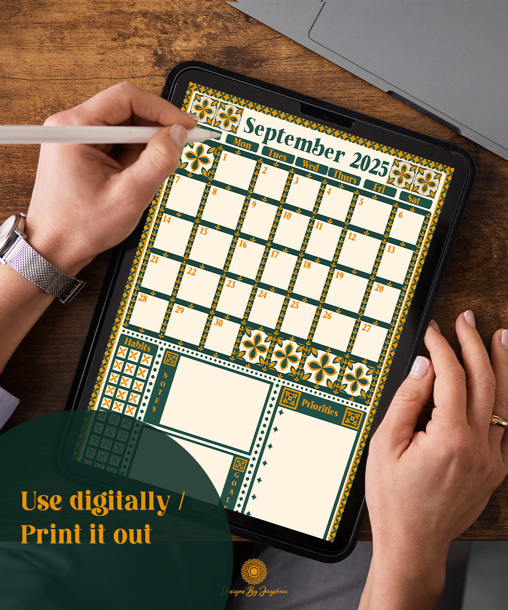 September Theme Monthly Planner – Handmade Indian Motif Printable & Instant Download, Digital Planner