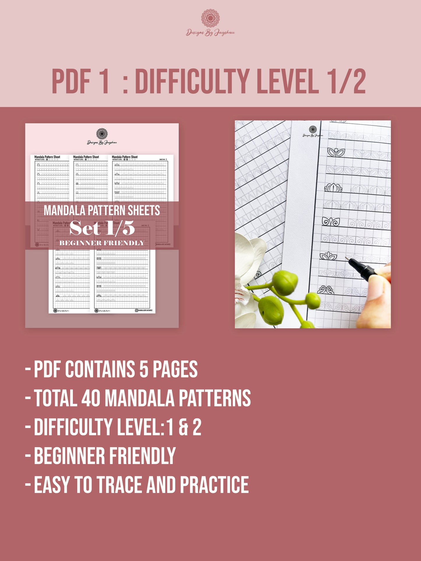 Beginner to Artist Bundle - 5 Pdfs - Difficulty level 1-5, Mandala Practice Sheets, Digital Download, Mandala Digital