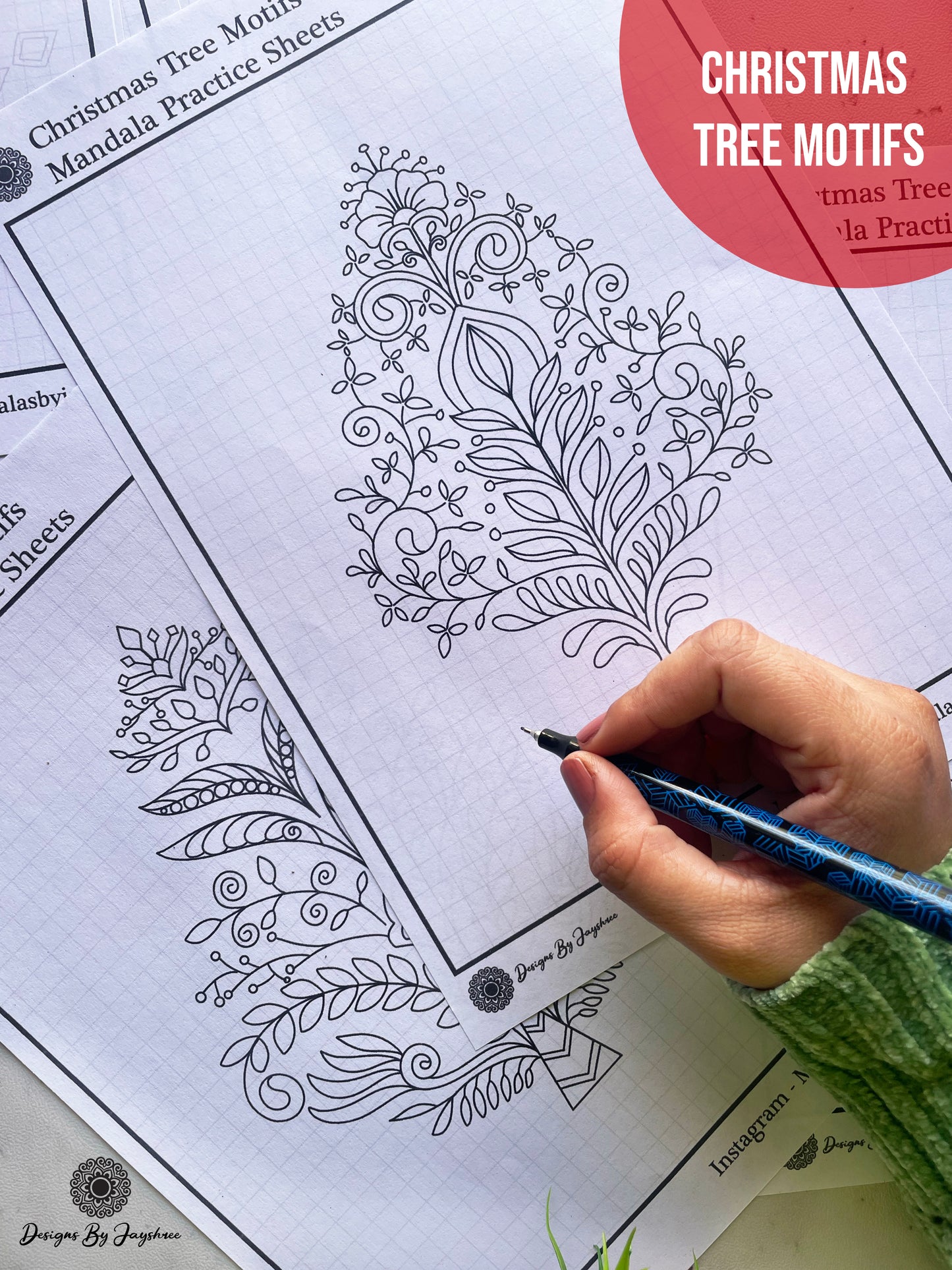 Snowflake Mandala & Christmas Tree Motifs - Tracing And Colouring Pages