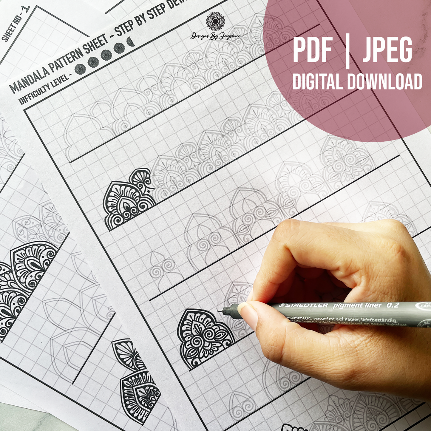 Step By Step - Detailed Mandala Pattern Sheets - Set of 5 Pages