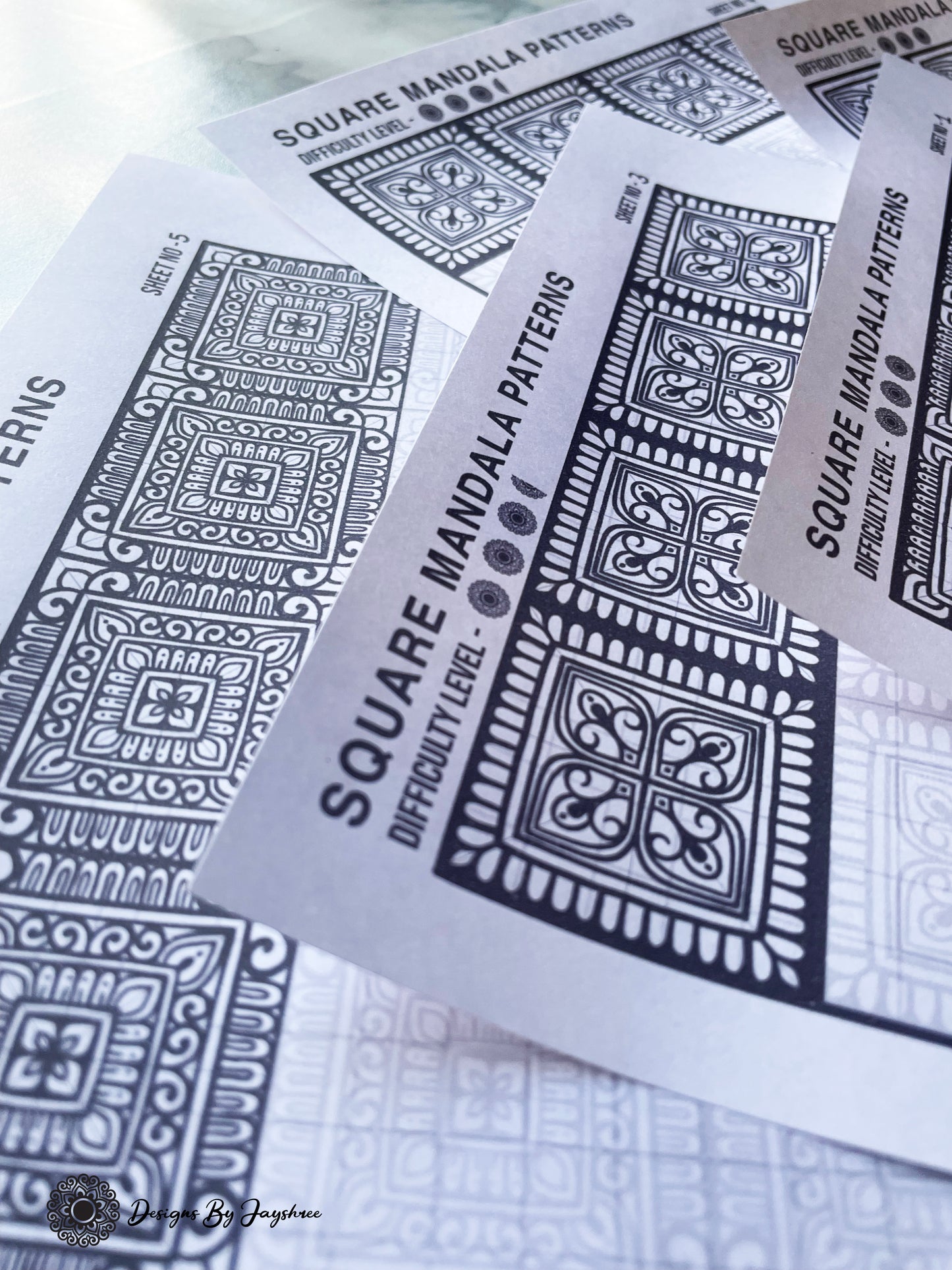 Square Mandala Full Page - Set of 5 - Tracing & Colouring Sheets