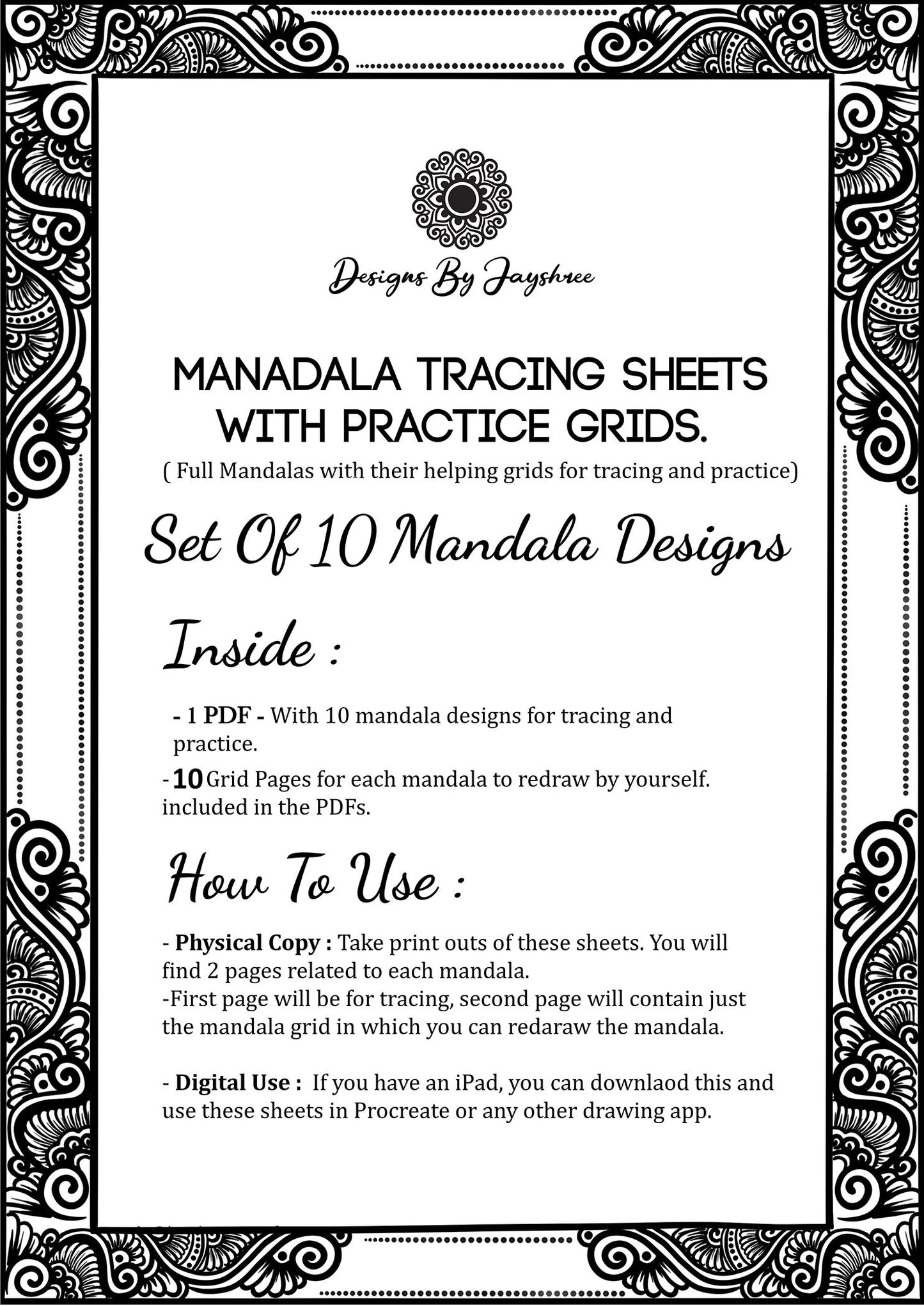 Mandala Tracing Sheets - With Related Grid - Set of 10