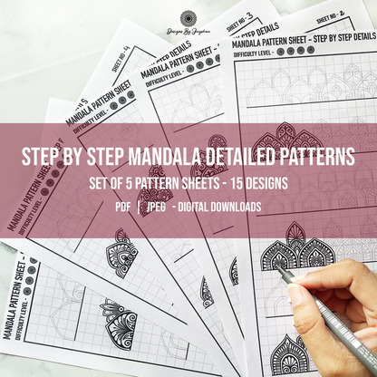 Step By Step - Detailed Mandala Pattern Sheets - Set of 5 Pages