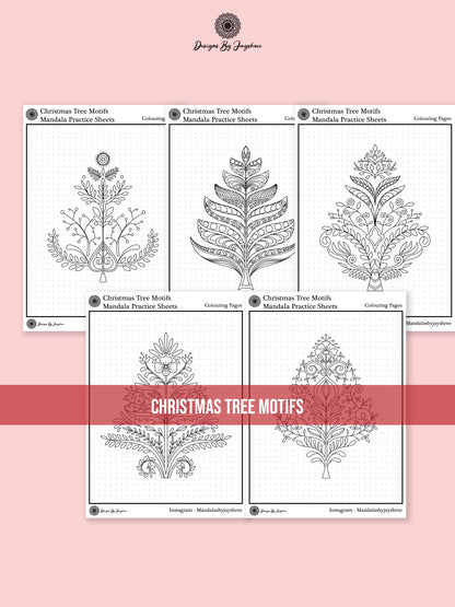 Snowflake Mandala & Christmas Tree Motifs - Tracing And Colouring Pages