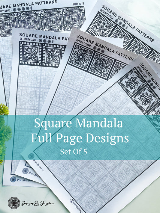 Square Mandala Full Page - Set of 5 - Tracing & Colouring Sheets