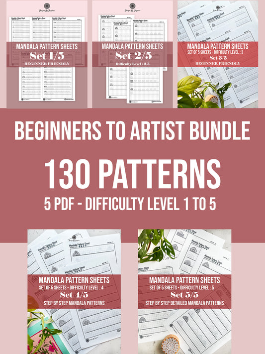 Beginner to Artist Bundle - 5 Pdfs - Difficulty level 1-5, Mandala Practice Sheets, Digital Download, Mandala Digital