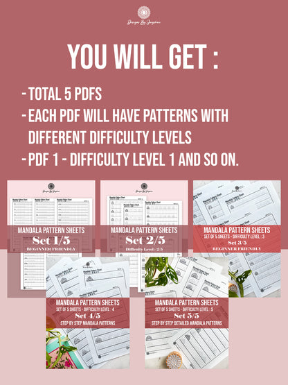 Beginner to Artist Bundle - 5 Pdfs - Difficulty level 1-5, Mandala Practice Sheets, Digital Download, Mandala Digital