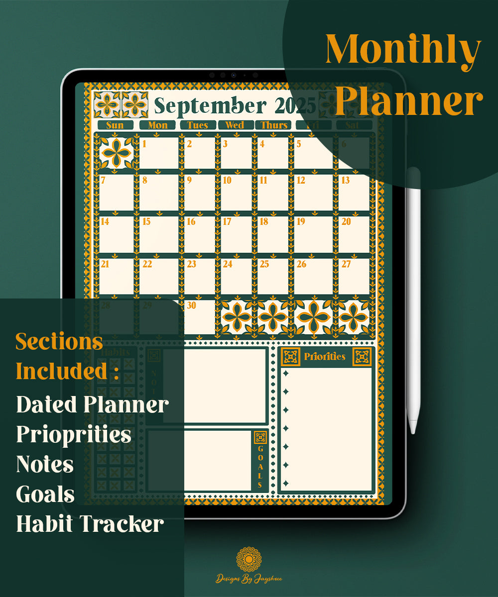 September Theme Monthly Planner – Handmade Indian Motif Printable & Instant Download, Digital Planner