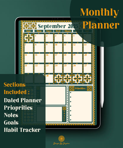 September Theme Monthly Planner – Handmade Indian Motif Printable & Instant Download, Digital Planner