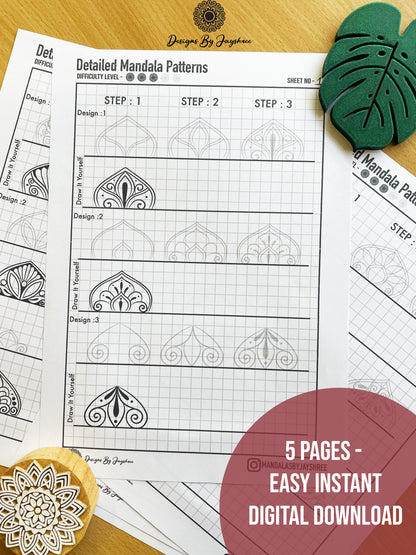 3 Step Detailed Mandala Pattern Sheets - Set of 15 Designs