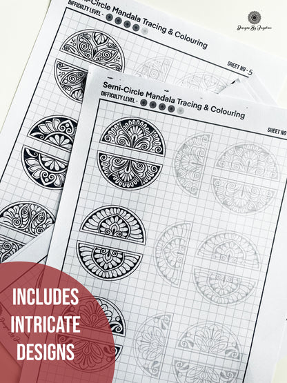 Mandala Pattern Sheets-15 semi circle Designs Set #2, Mandala Practice Sheets