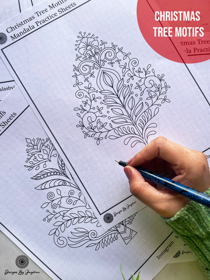 Snowflake Mandala & Christmas Tree Motifs - Tracing And Colouring Pages