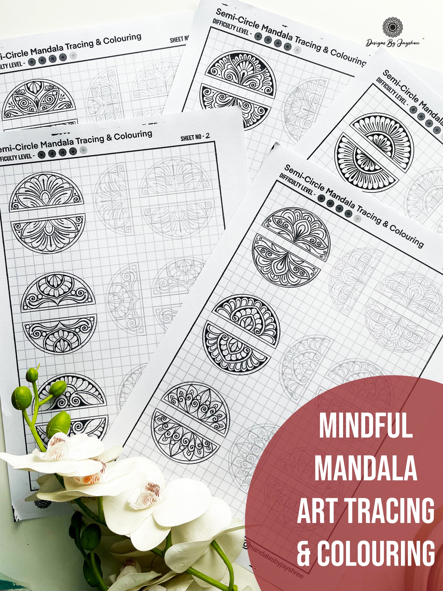 Mandala Pattern Sheets-15 semi circle Designs Set #2, Mandala Practice Sheets
