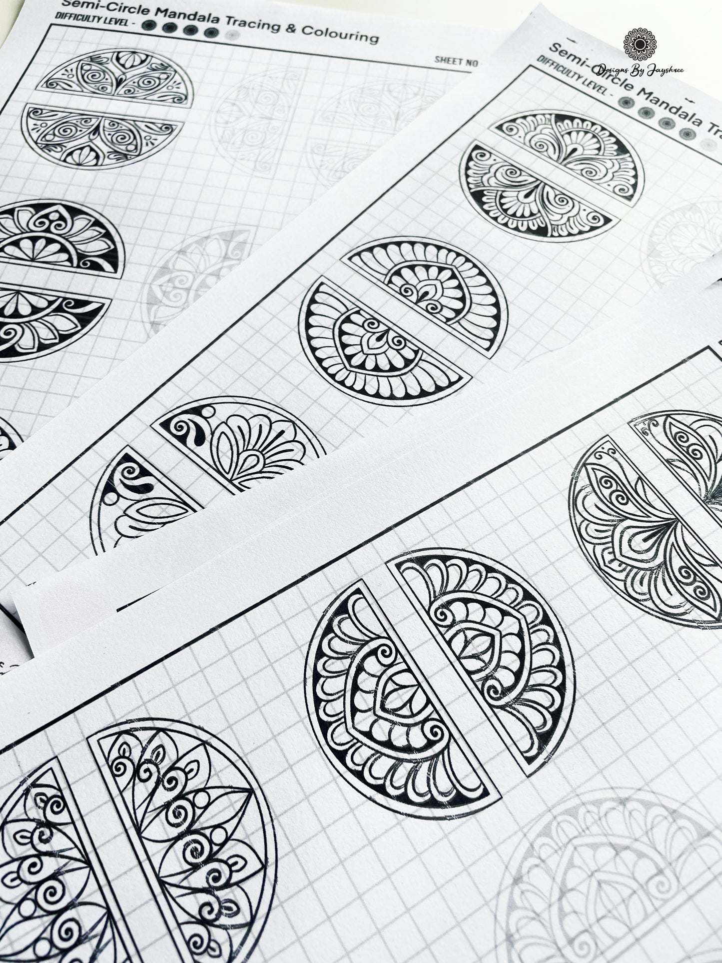 Mandala Pattern Sheets-15 semi circle Designs Set #2, Mandala Practice Sheets