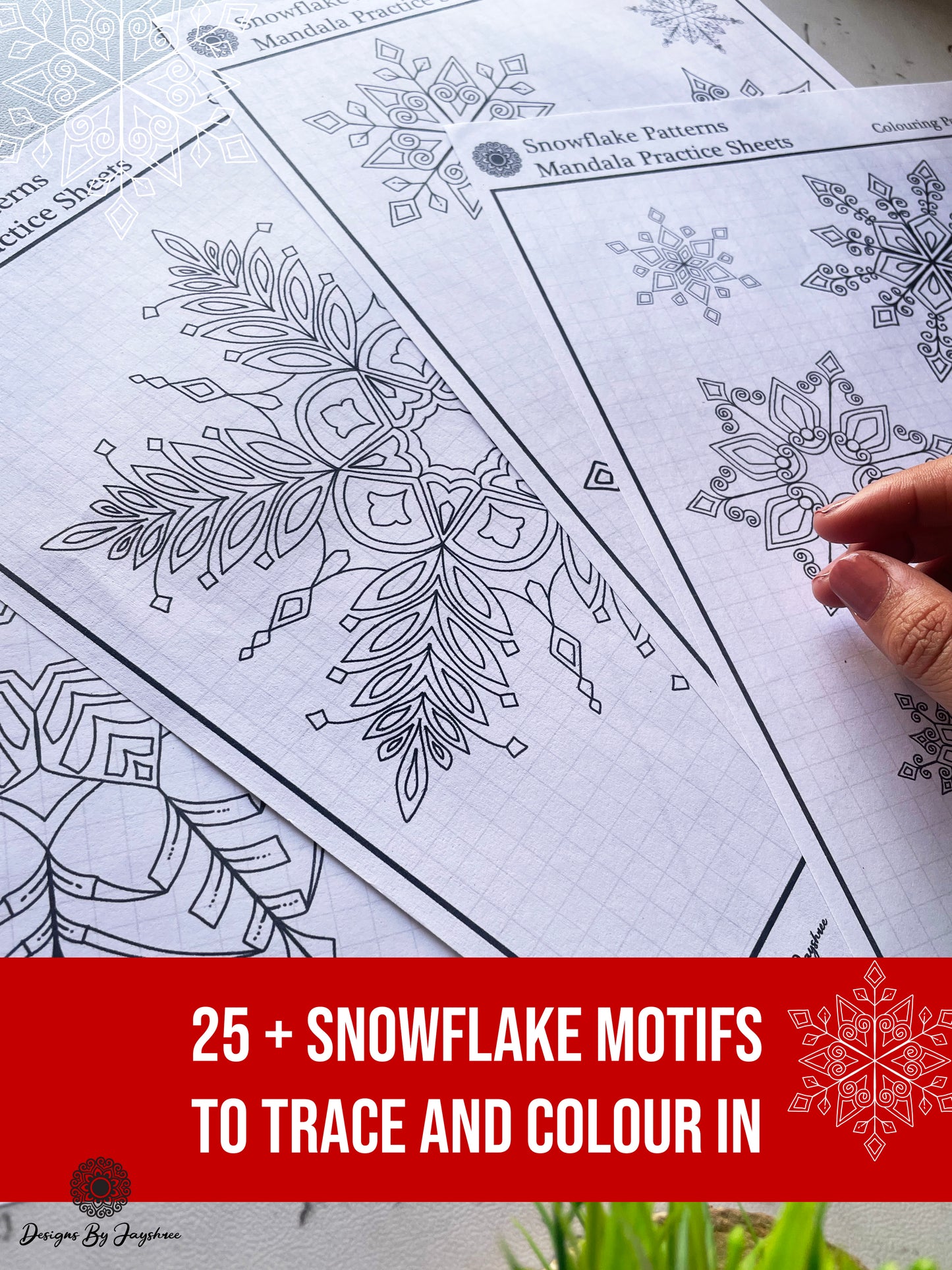 Snowflake Mandala & Christmas Tree Motifs - Tracing And Colouring Pages