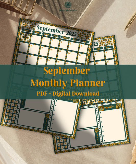 September Theme Monthly Planner – Handmade Indian Motif Printable & Instant Download, Digital Planner