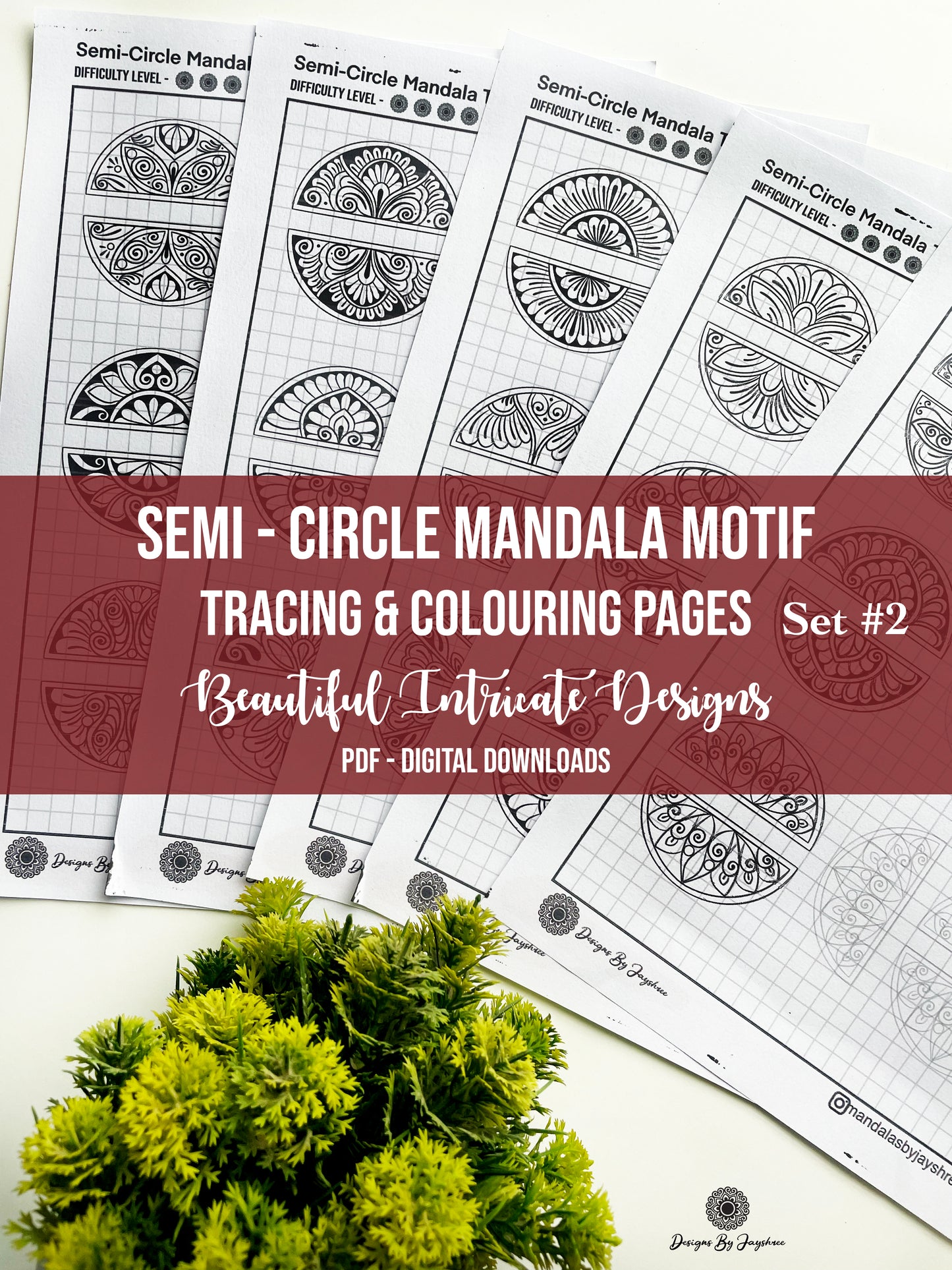 Mandala Pattern Sheets-15 semi circle Designs Set #2, Mandala Practice Sheets