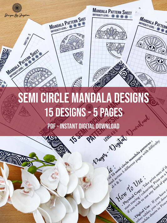 Mandala Pattern Sheets-15 semi circle Designs, Mandala Practice Sheets,Digital Downloads