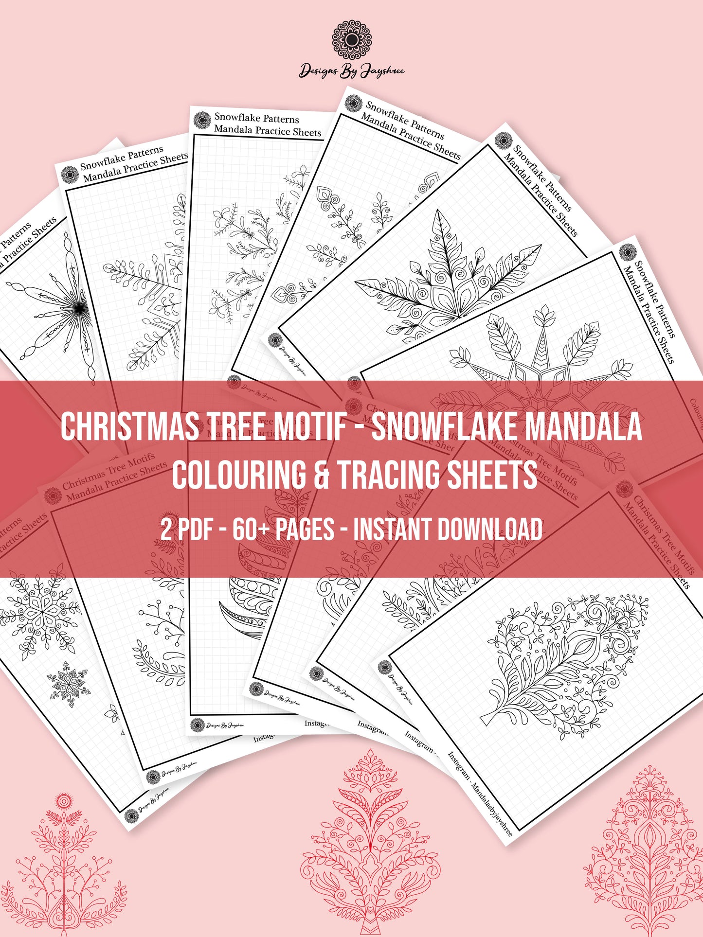 Snowflake Mandala & Christmas Tree Motifs - Tracing And Colouring Pages