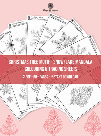 Snowflake Mandala & Christmas Tree Motifs - Tracing And Colouring Pages